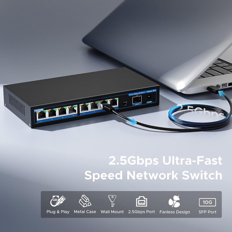 TEROW 8 Port 2.5Gb Switch with 1*10G SFP+, 8 x 2.5Gb Base-T & 1 x 10Gbs SFP+, Vlan, Multi-Speed Network Switch, Compatible with Gigabit & 10Gb, Desktop/Wall Mount, Ideal for AP, NAS, PC,Office - Image 2